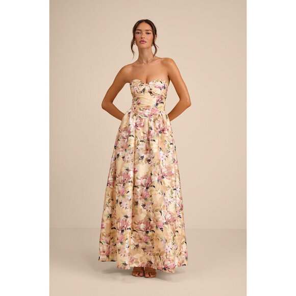 Lulus Dresses & Skirts - Lulus Kathani Light Yellow Floral Jacquard Bustier Maxi Dress - Size L